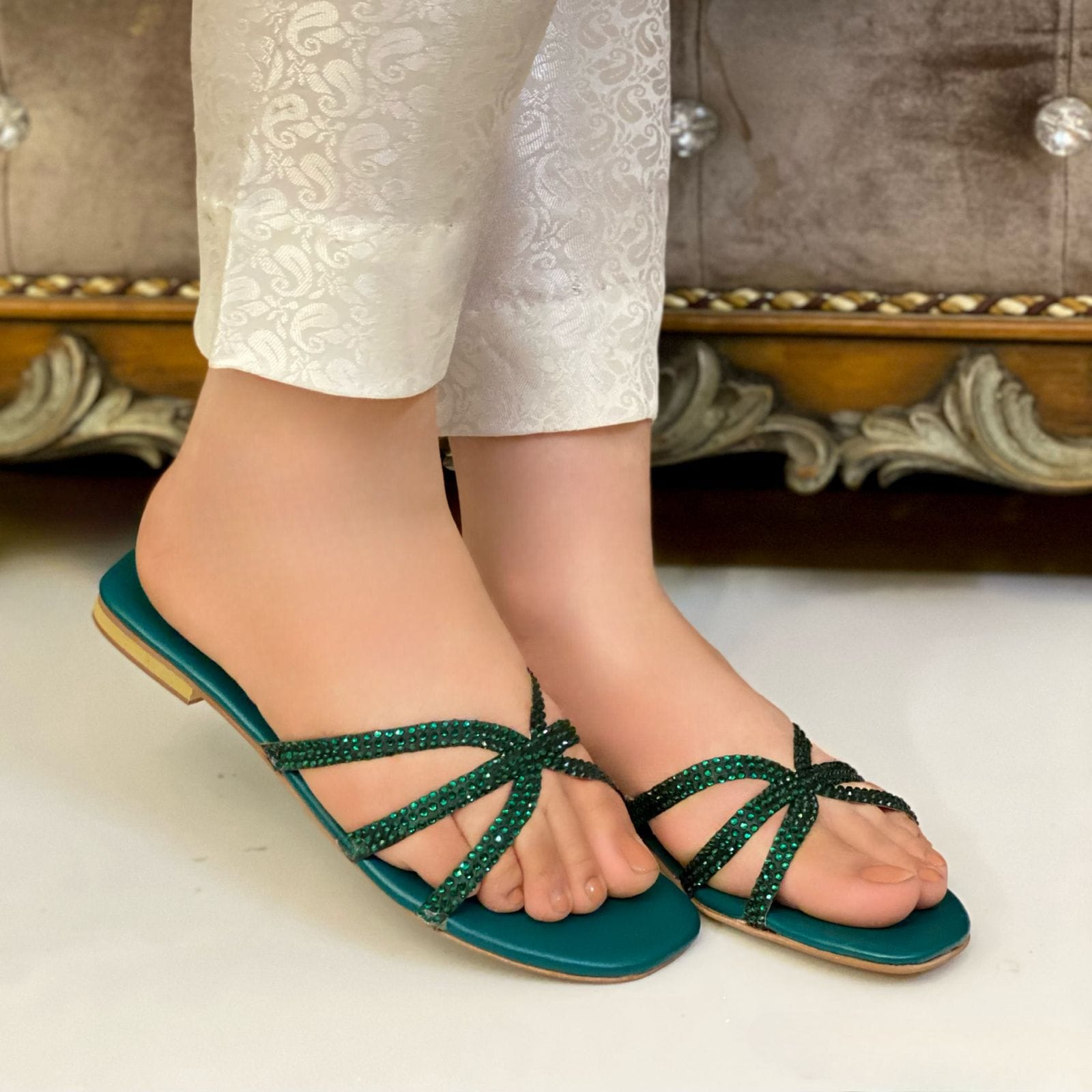 Kids Green Embellished Flats